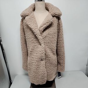 NEW Lucky Brand Faux Shearling Teddy Coat Hazlenut Tan Size Medium Snap womens